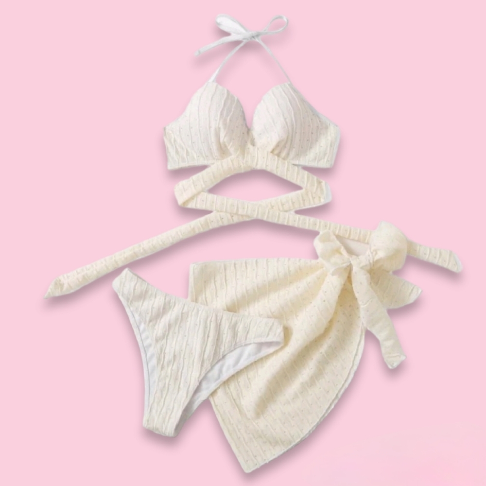 3 piece. Crossover bikini swimsuit and beach skirt. Size L